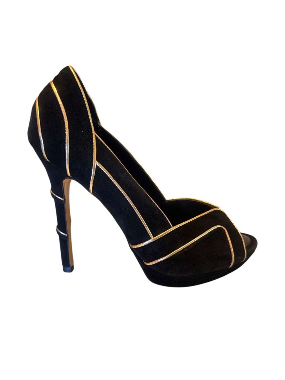 BCBGMaxazria Linden Peep-toe Pump Womens 6.5 Black Suede Gold Trim Platform Heel - Picture 3 of 9